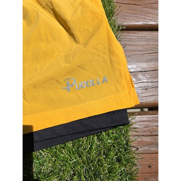 Pudolla Mens Running Workout Lined Shorts Active Yellow Size XXL 3 Pockets - Picture 5 of 14
